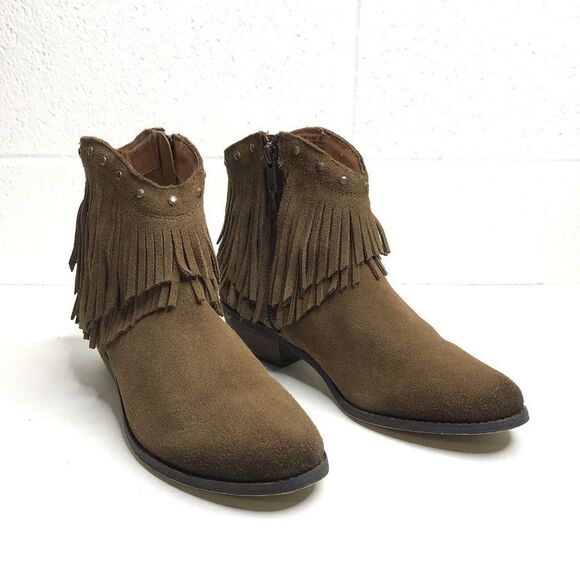 Minnetonka Womens Bandera Brown Suede Ankle Boots Studded Fringe Zip 83013 Sz 6 - Picture 1 of 12